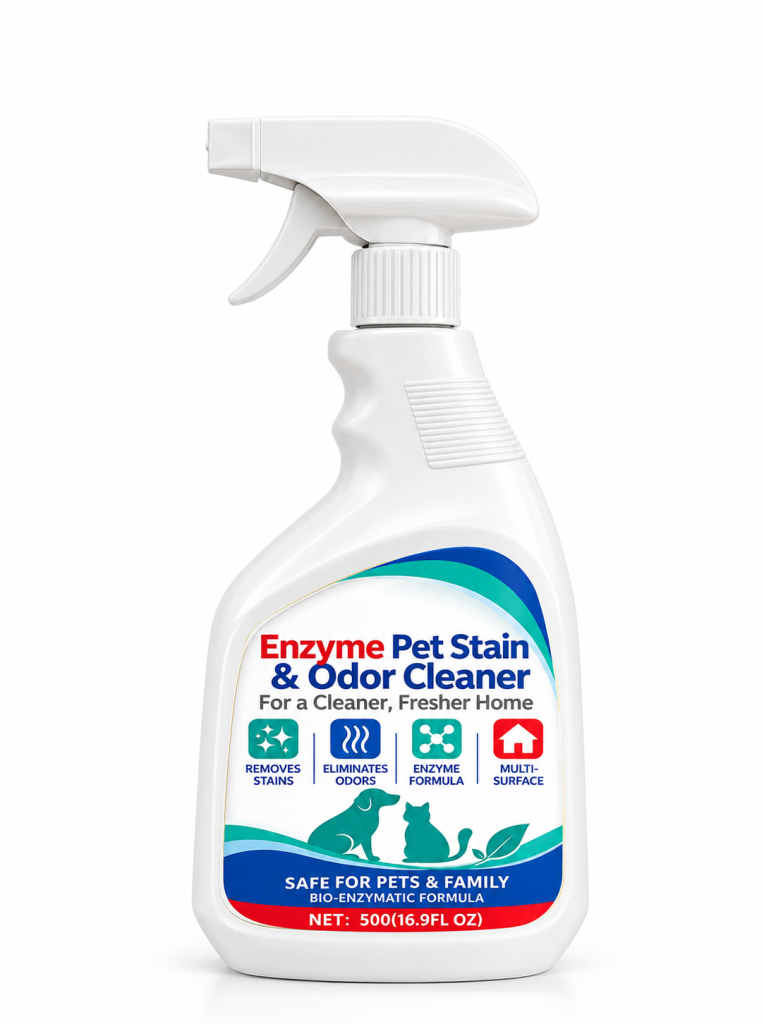 01. 500ml enzyme pet stain and odor cleaner spray bottle with blue and teal label