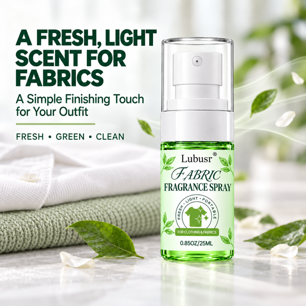 Fabric fragrance spray with a fresh light scent for clothing, featuring green botanical accents and folded fabrics