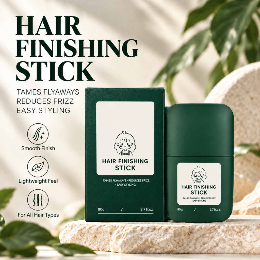Green 80g hair finishing stick and matching product box for smoothing flyaways