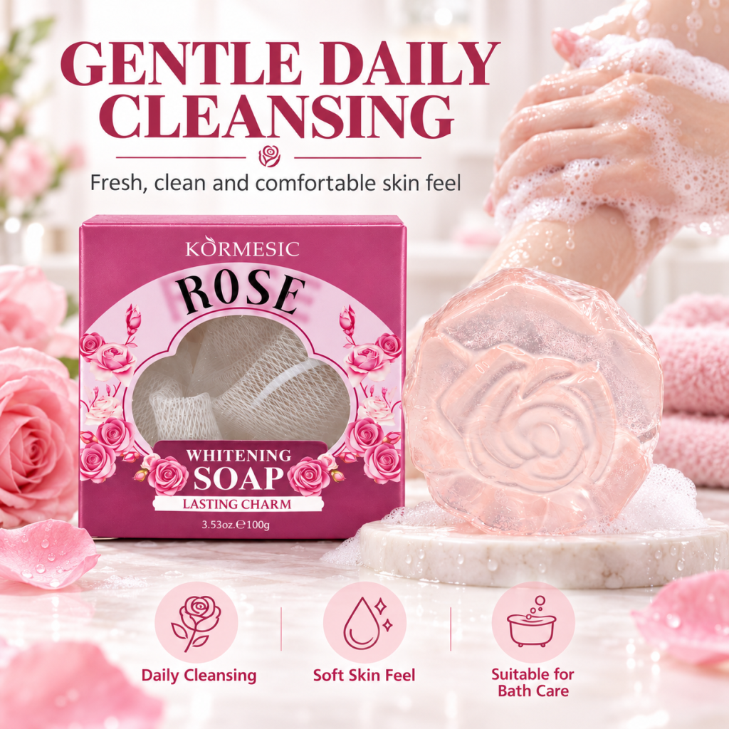 Kormesic rose whitening soap 100g with rose-shaped soap bar and mesh bath accessory