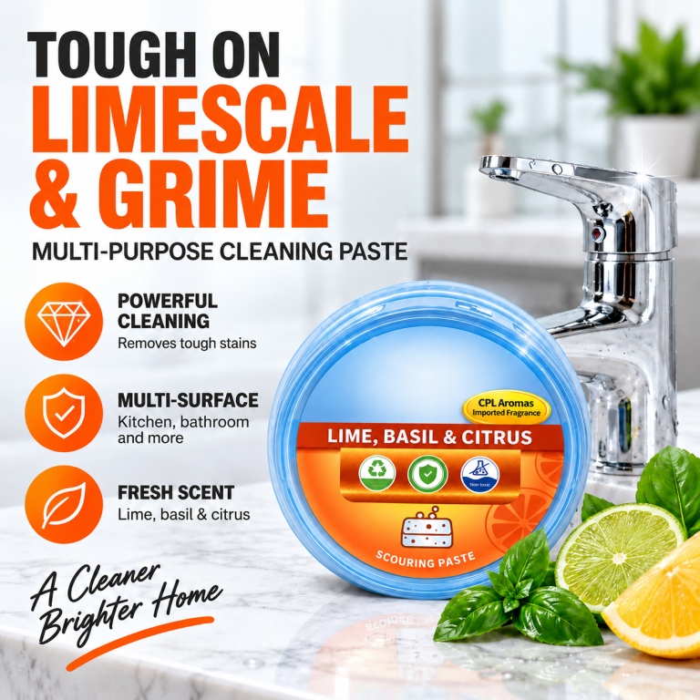 Multi-purpose cleaning paste with lime, basil and citrus fragrance for tackling limescale, grime and tough stains