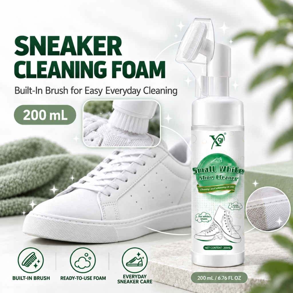 200 mL sneaker cleaning foam with a built-in brush for everyday white sneaker care