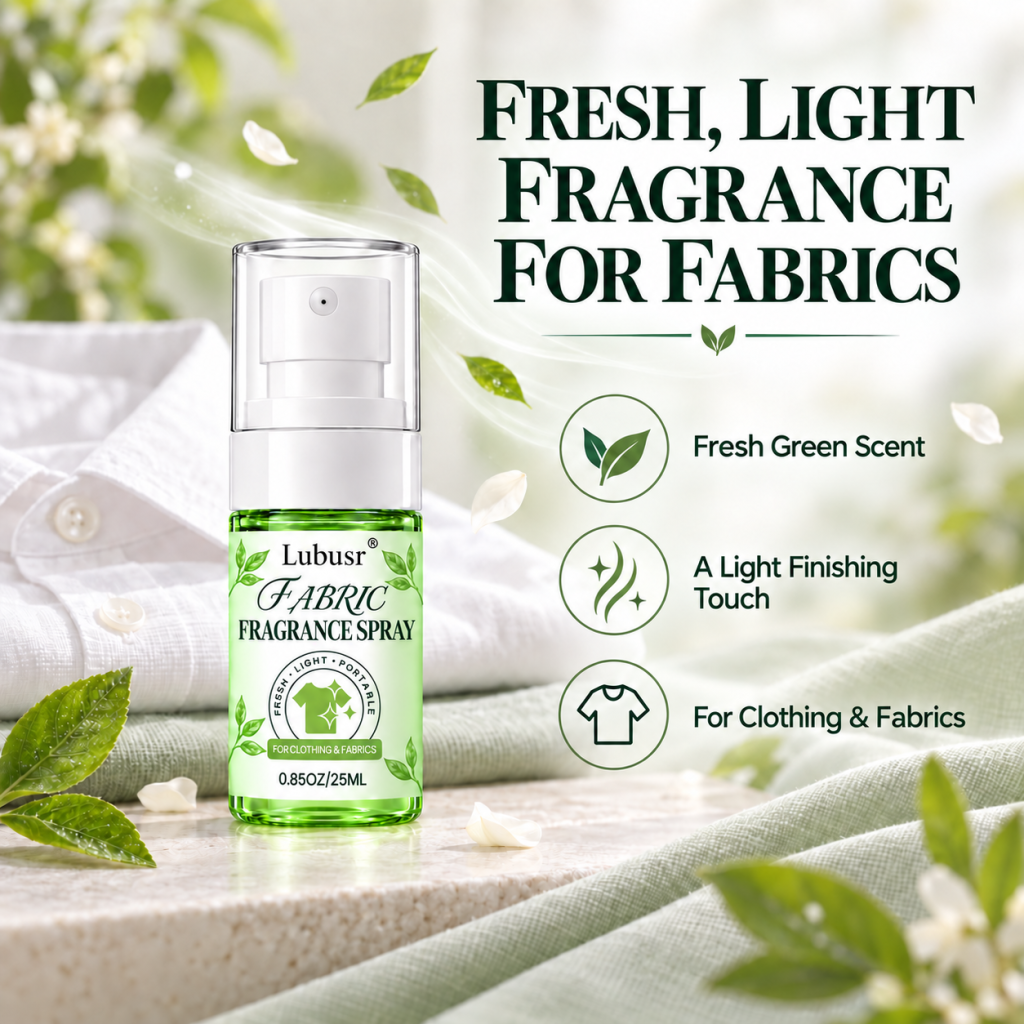 Fabric fragrance spray highlighting a fresh green scent, light fragrance and use on clothing and fabrics