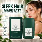 Green hair finishing stick shown with a model wearing a sleek ponytail