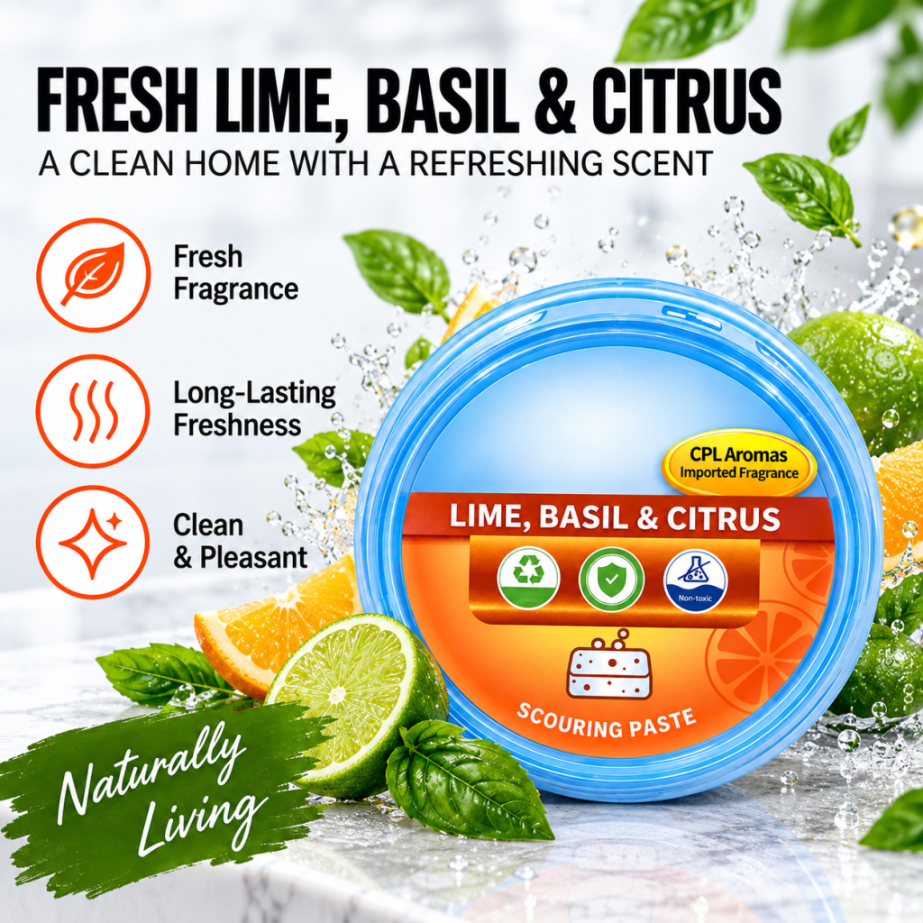 Lime, basil and citrus scented scouring paste in blue packaging with fresh citrus fruit and green basil leaves