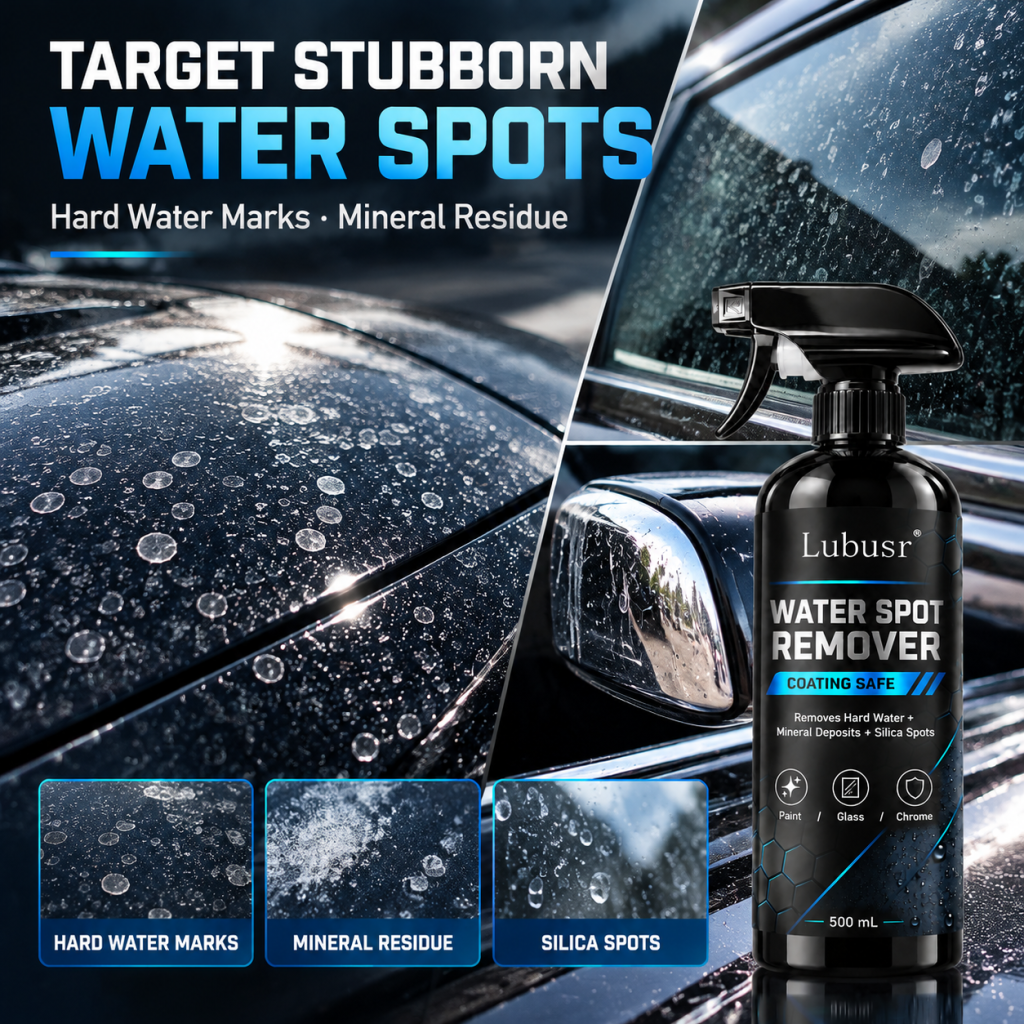 Water spot remover for hard water marks, mineral deposits and silica spots on automotive surfaces