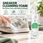 Sneaker cleaning foam with a built-in brush being applied to a dirty athletic shoe, with the 200 mL bottle displayed beside it
