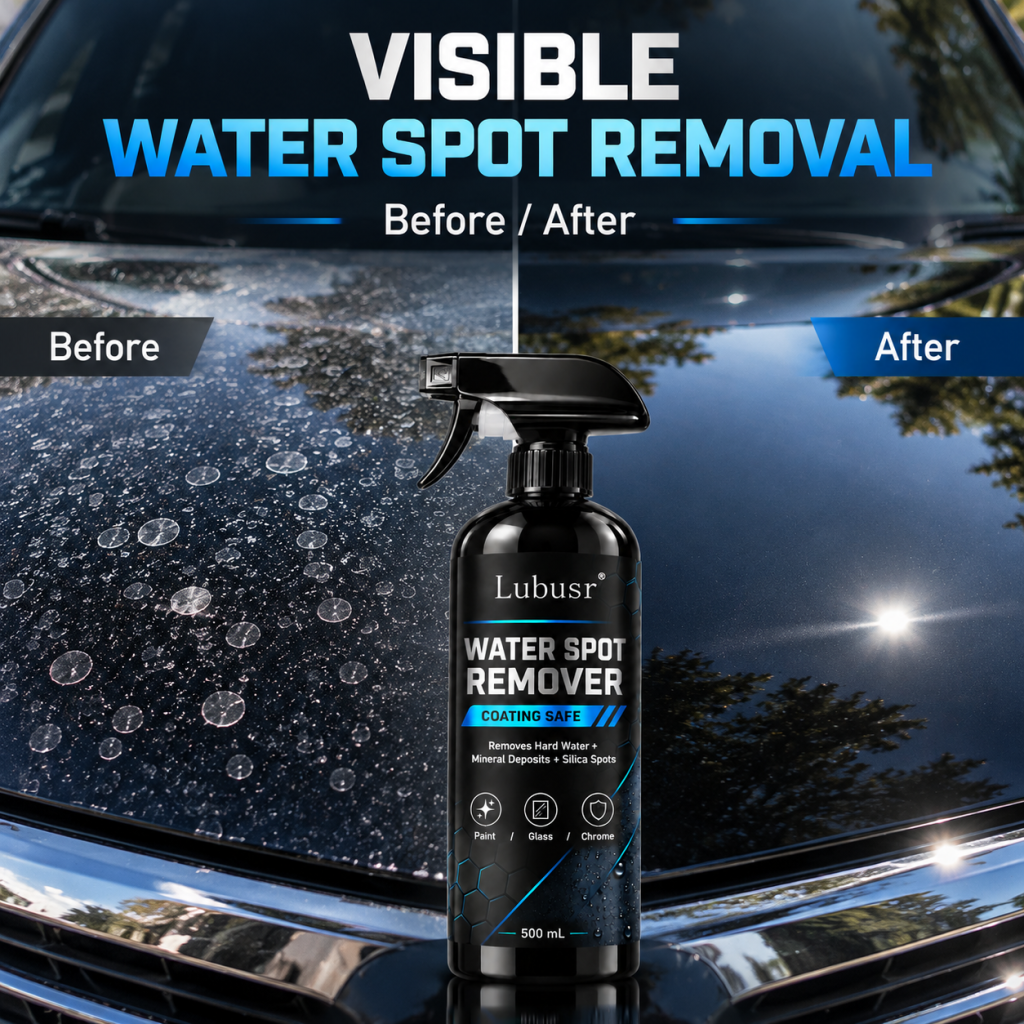 Before and after comparison of water spot removal on automotive paint