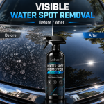 Before and after comparison of water spot removal on automotive paint