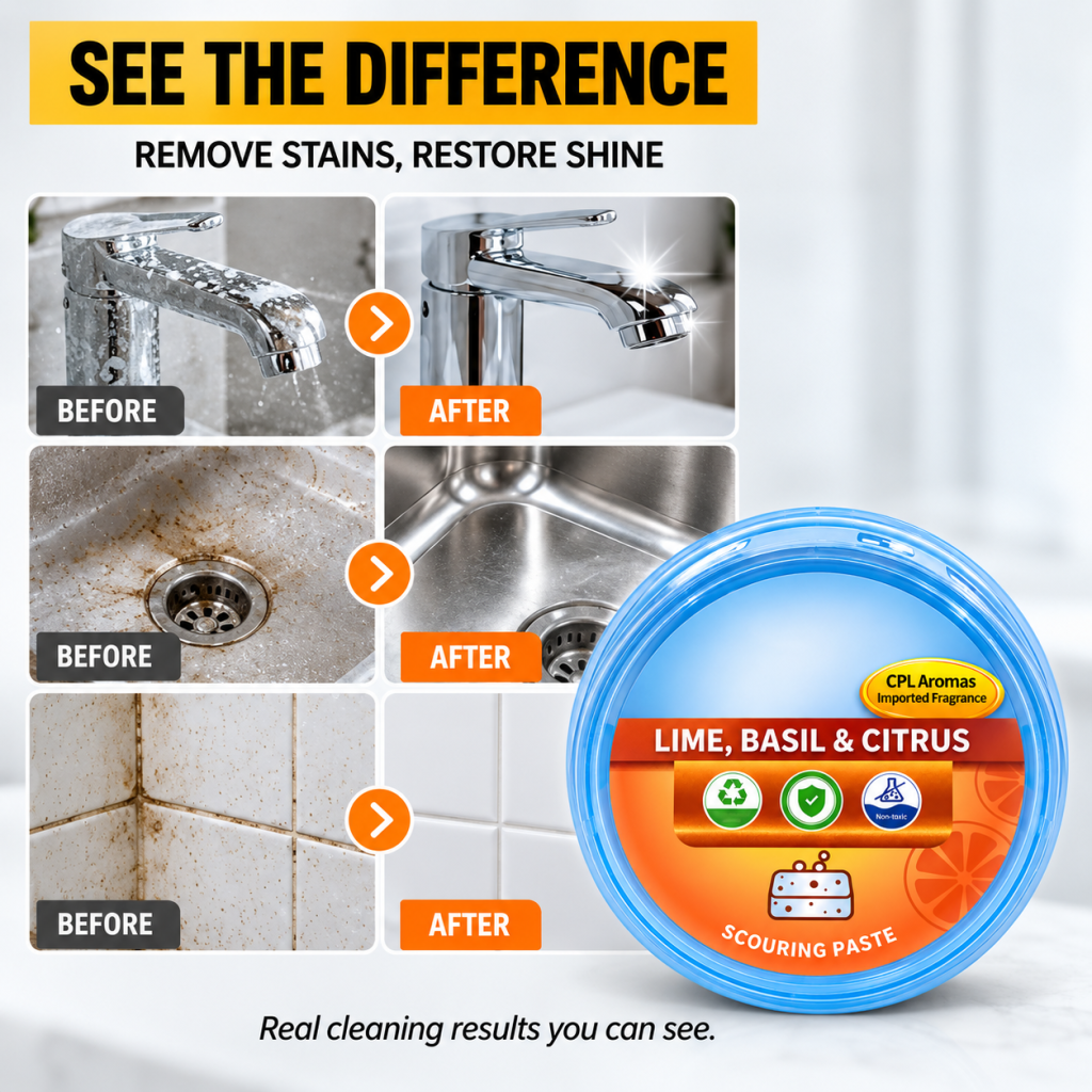Before and after cleaning comparison showing faucet, sink and tile surfaces with visible stains and grime removed