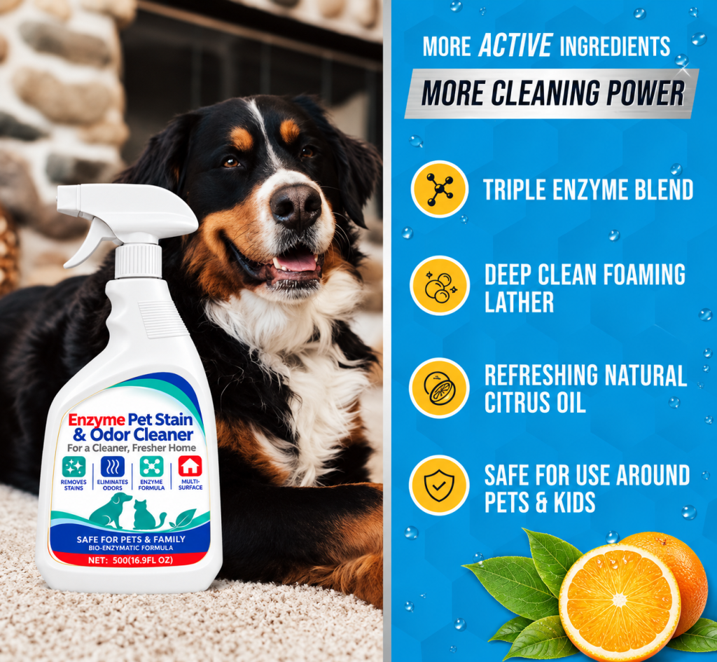 03. Enzyme pet stain and odor cleaner product highlighting its formula and cleaning features