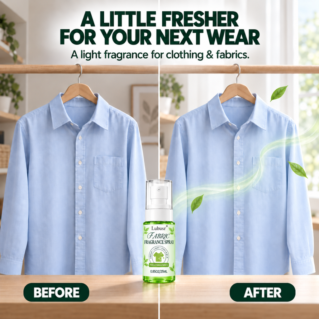 Fabric fragrance spray shown with a before-and-after clothing freshness concept featuring a blue shirt