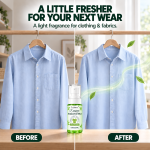 Fabric fragrance spray shown with a before-and-after clothing freshness concept featuring a blue shirt