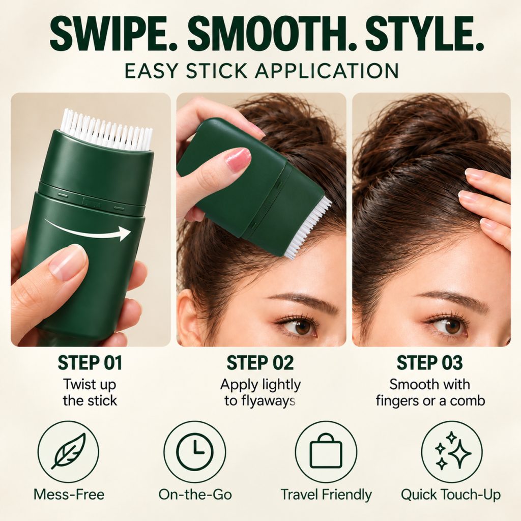 Three-step guide to using the hair finishing stick to smooth flyaways