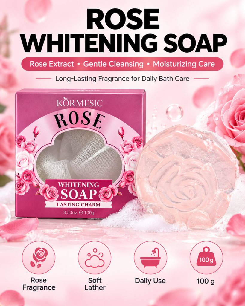 Kormesic rose whitening soap 100g featuring rose fragrance, gentle cleansing and daily moisturizing care