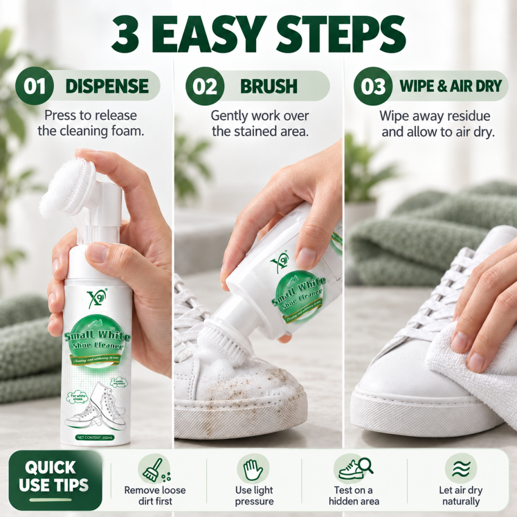 Three-step guide to using sneaker cleaning foam: dispense the foam, brush the stained area, then wipe away residue and allow the shoe to air dry