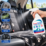 04. Pet stain and odor cleaner spray applied to car seat upholstery