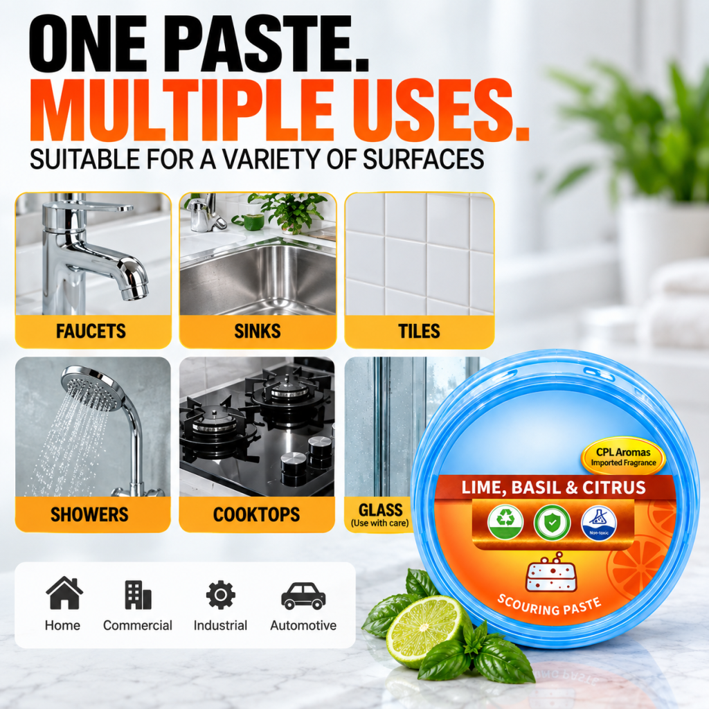 Multi-purpose scouring paste for cleaning faucets, sinks, tiles, showers, cooktops and selected glass surfaces
