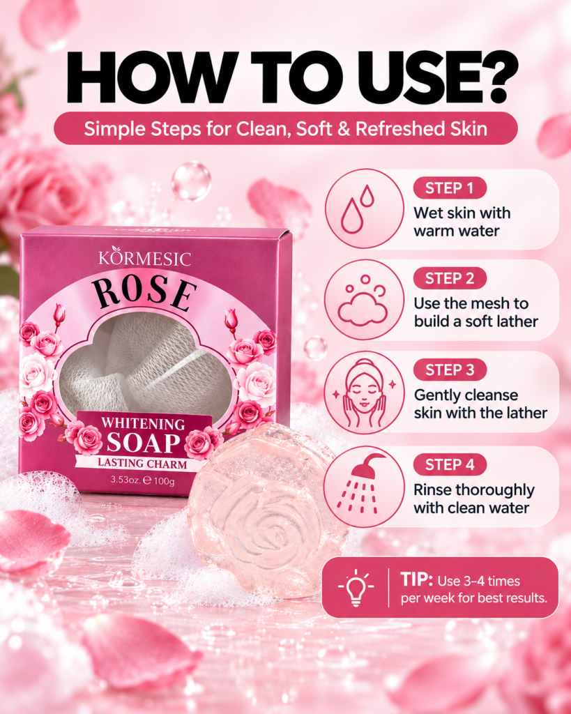 How to use rose soap: wet skin, create lather with the mesh, gently cleanse and rinse thoroughly