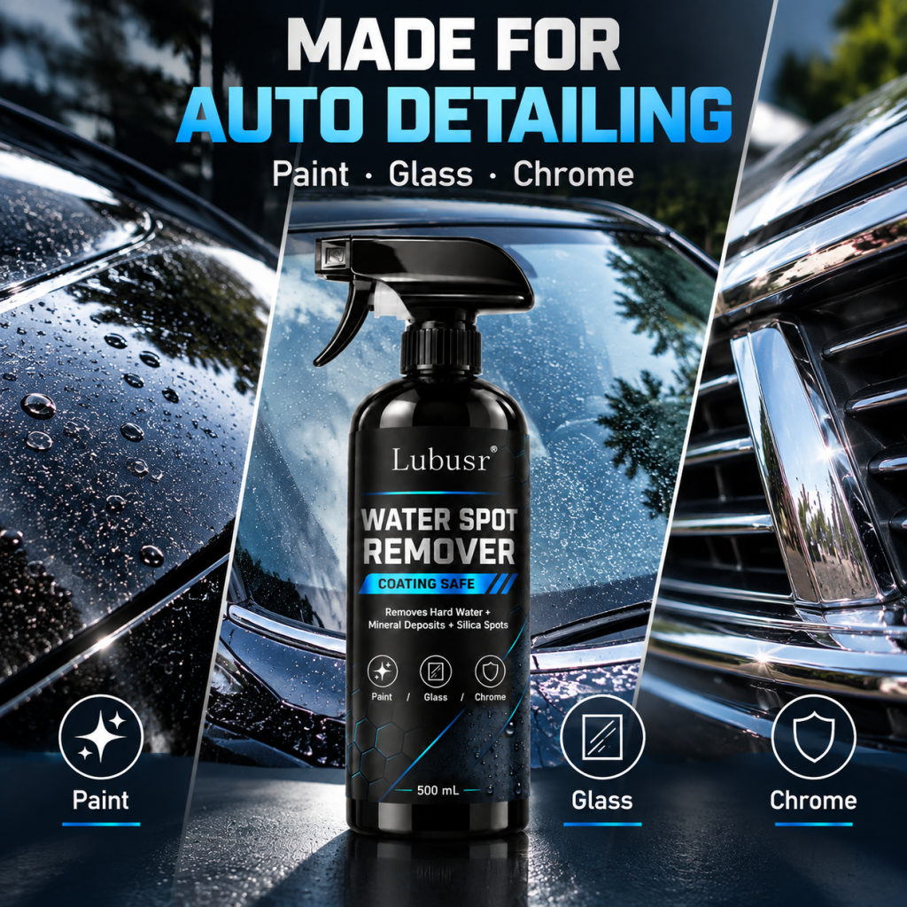 Lubusr water spot remover for automotive paint, glass and chrome in auto detailing