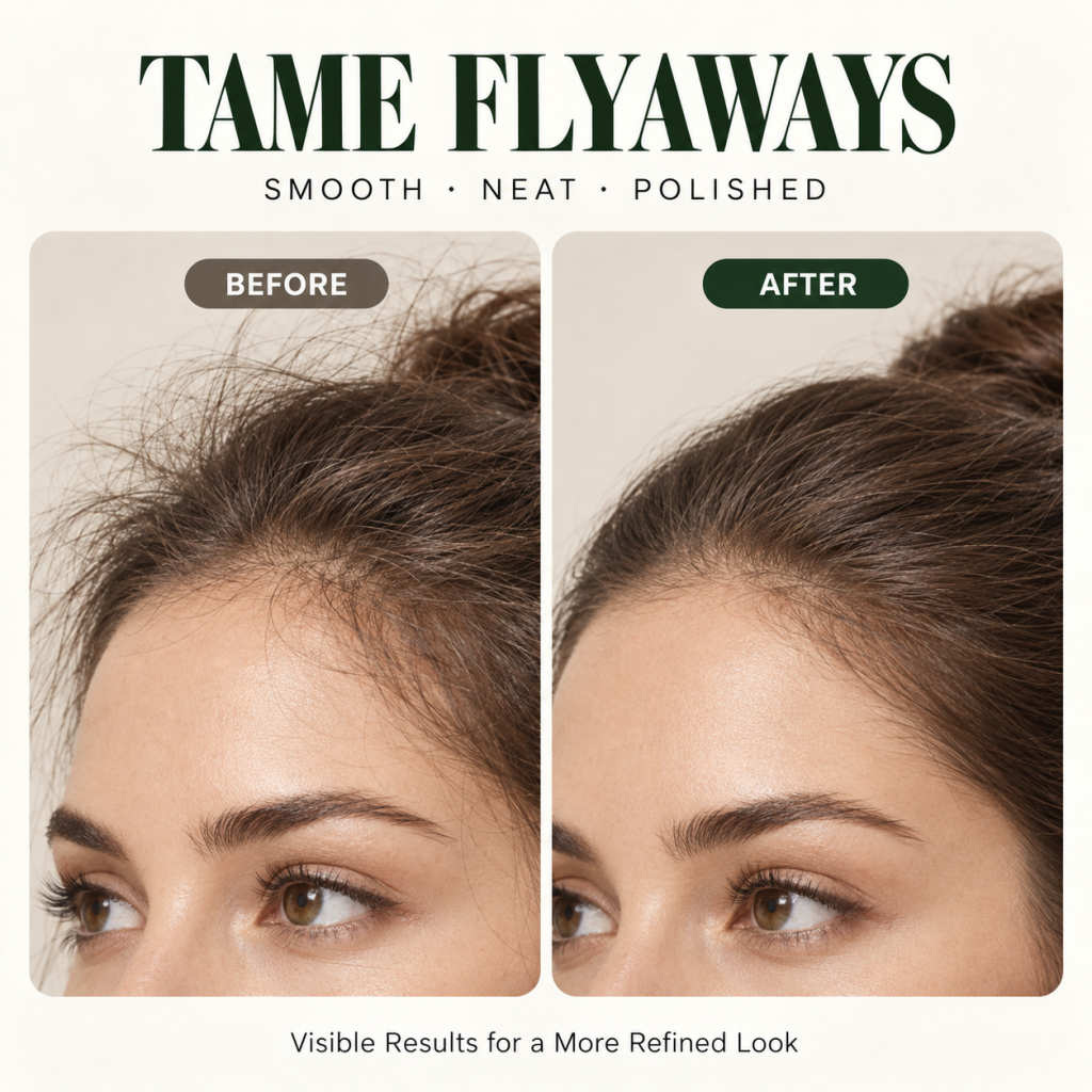 Before-and-after comparison showing flyaway hair smoothed with a finishing stick