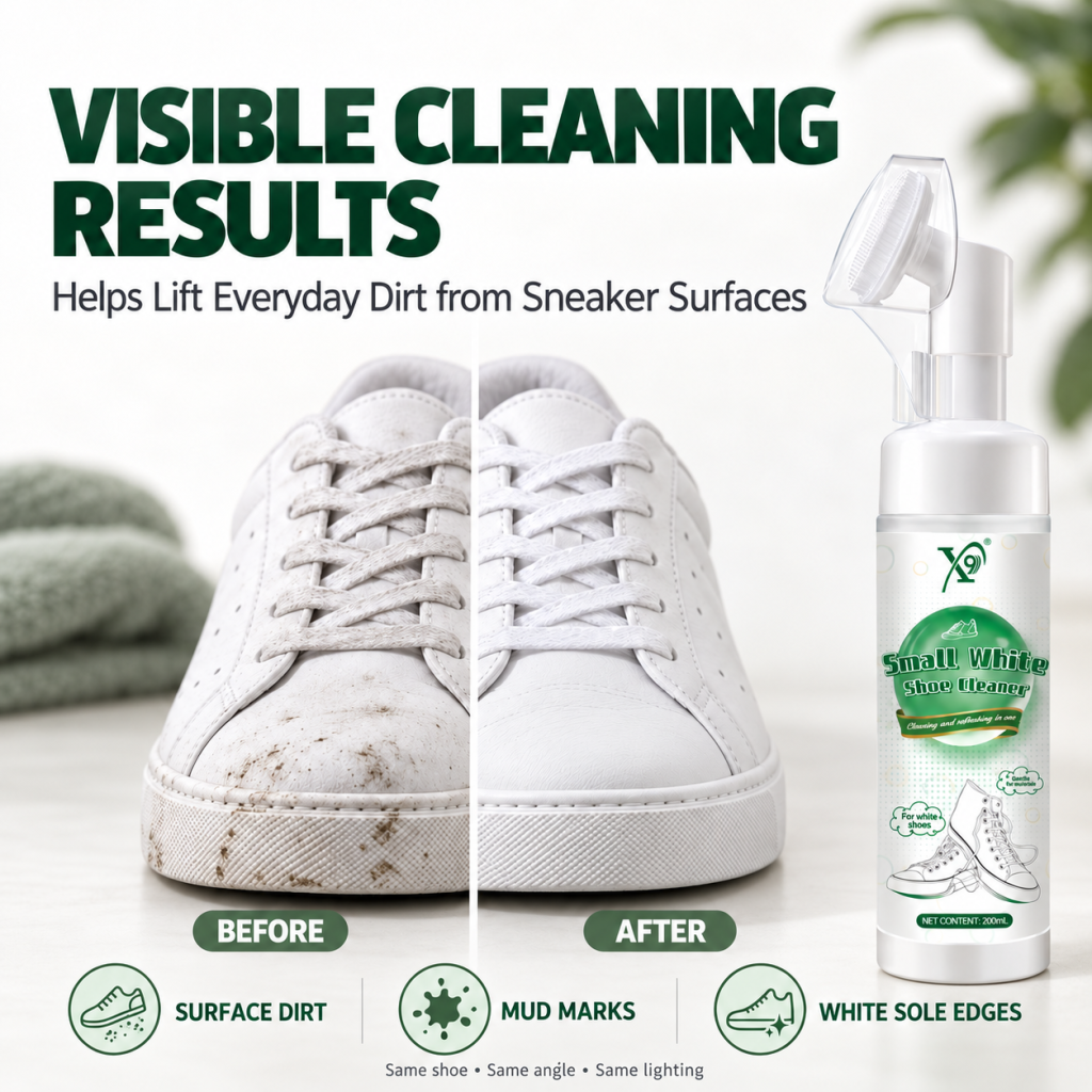 Before-and-after comparison of white sneakers showing everyday dirt, mud marks and cleaner-looking shoe surfaces after cleaning