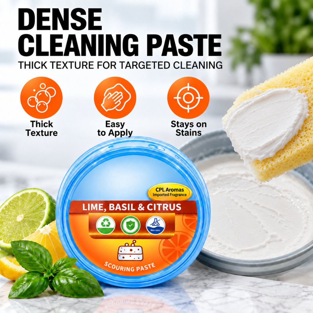 Thick multi-purpose cleaning paste with a dense texture for targeted application to stubborn stains