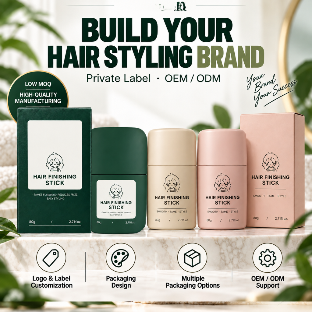 OEM and ODM private-label options for the hair finishing stick, including branding and packaging