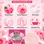 Rose soap key features including rose extract, floral fragrance, soft lather, gentle cleansing and daily bath care