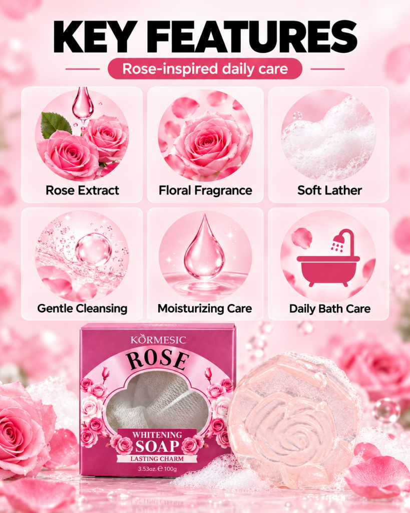 Rose soap key features including rose extract, floral fragrance, soft lather, gentle cleansing and daily bath care