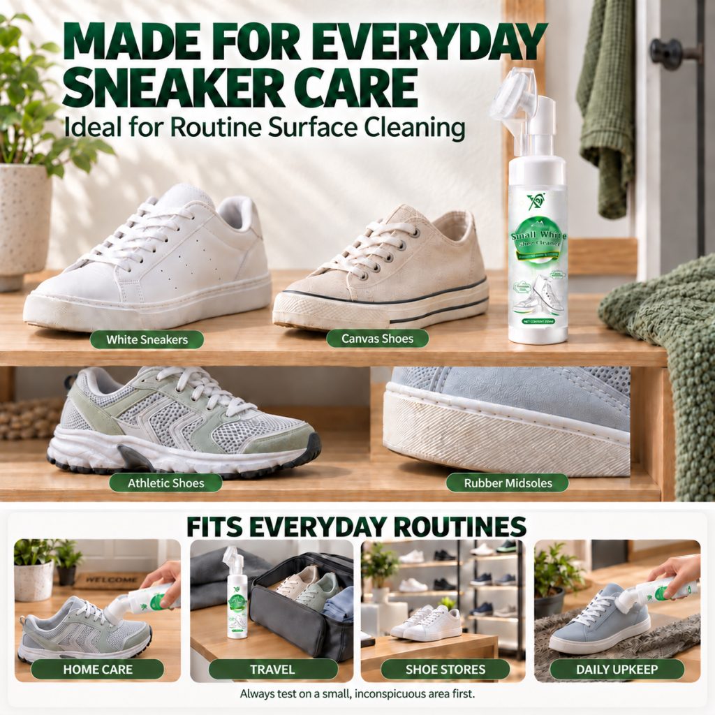 200 mL sneaker cleaning foam for white sneakers, canvas shoes, athletic shoes and rubber midsoles, with home care and travel use examples