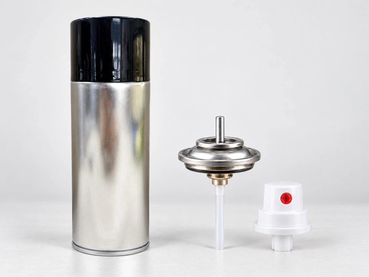 Black-capped silver aerosol can with separate valve, dip tube, and white actuator