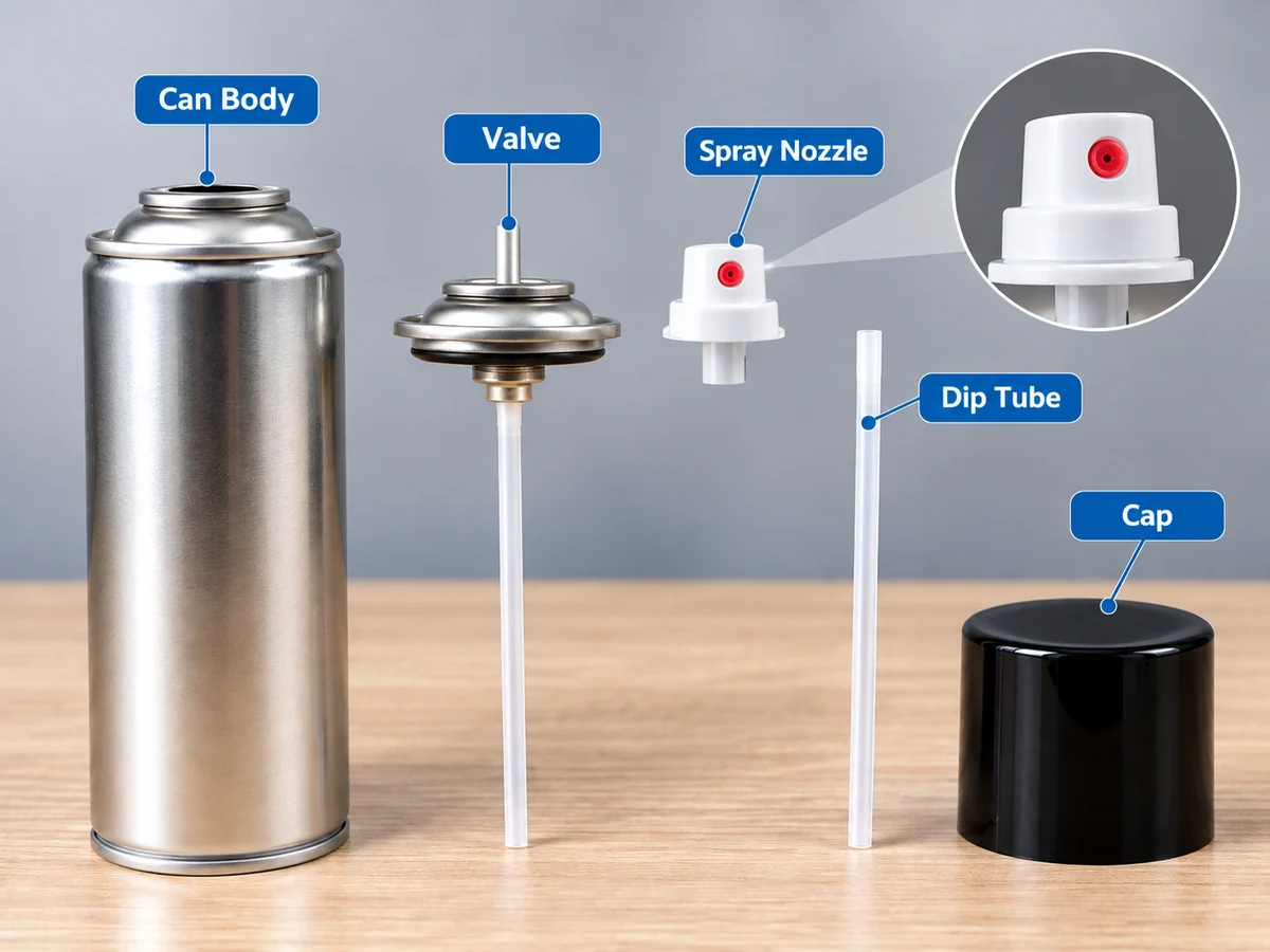 Aerosol can, valve, actuator, cap and dip tube component overview