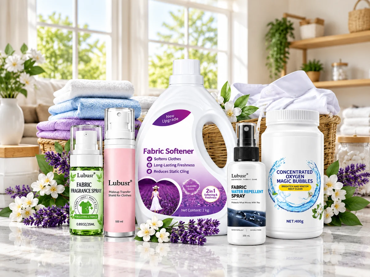 Fabric and laundry care product group with fabric softener and garment care products beside folded textiles