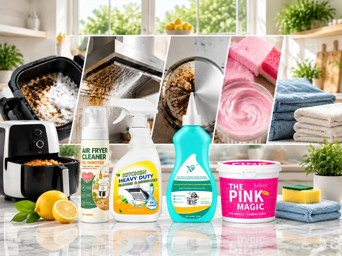Kitchen cleaning product group with degreaser cleaning paste and cookware cleaning examples