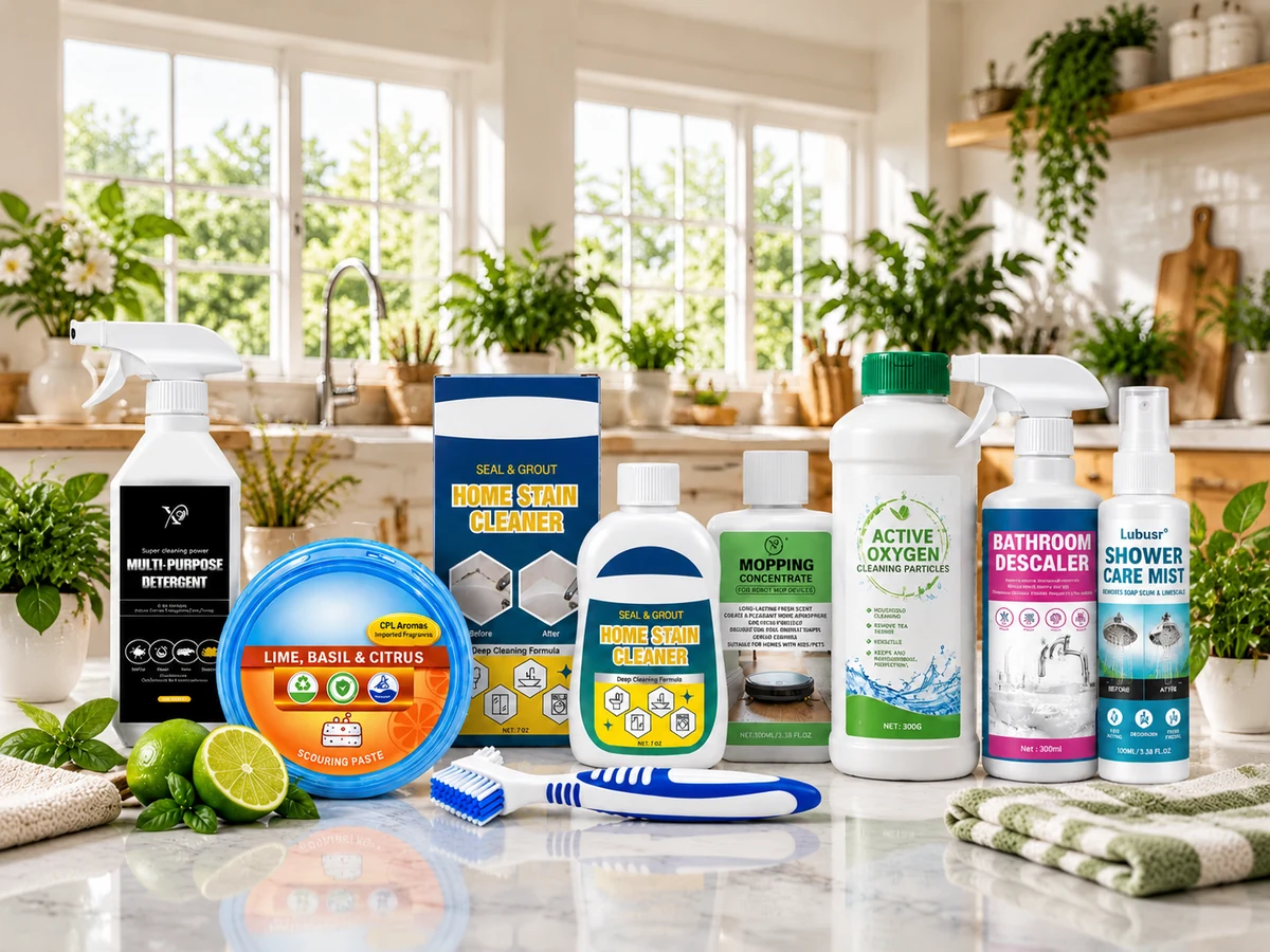Household surface cleaning product group with multipurpose cleaner bathroom descaler and shower care products