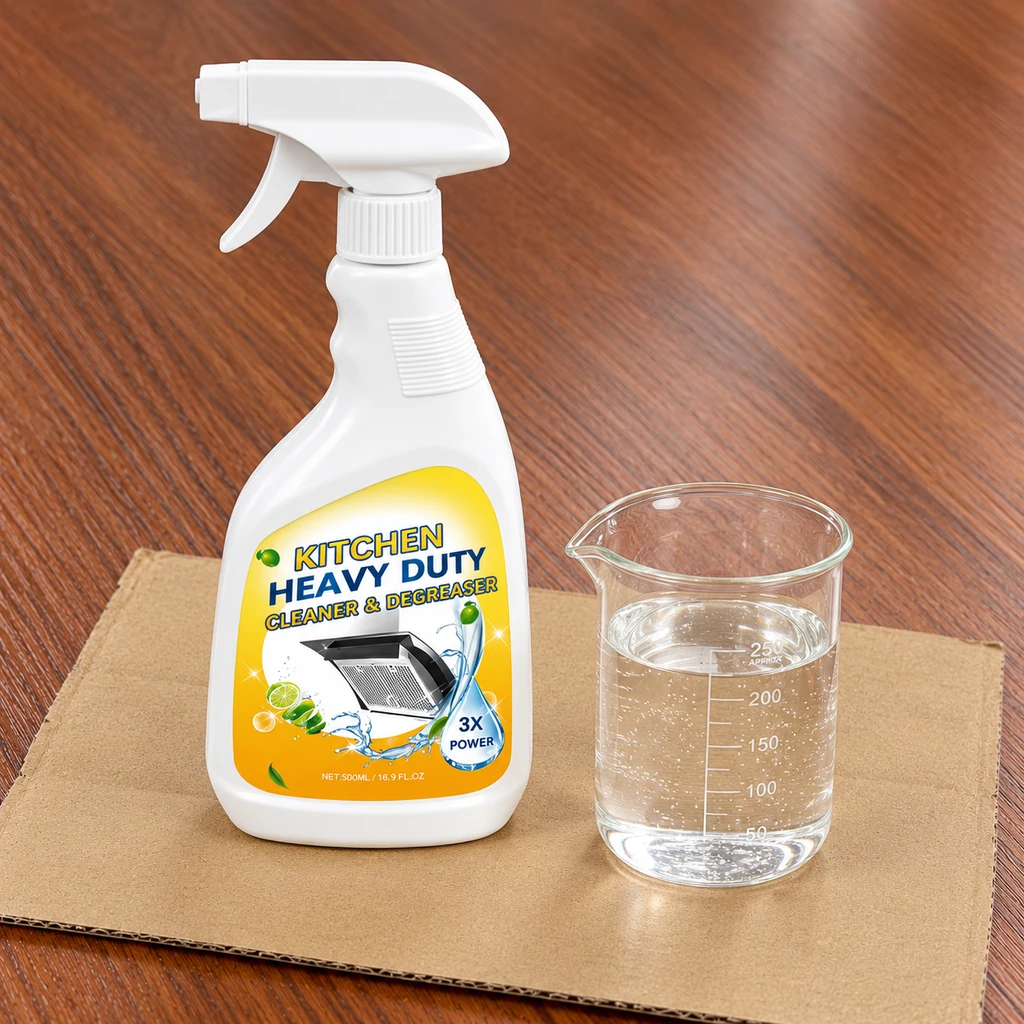 Kitchen cleaner trigger bottle beside a glass beaker containing clear liquid on cardboard over a wooden tabletop