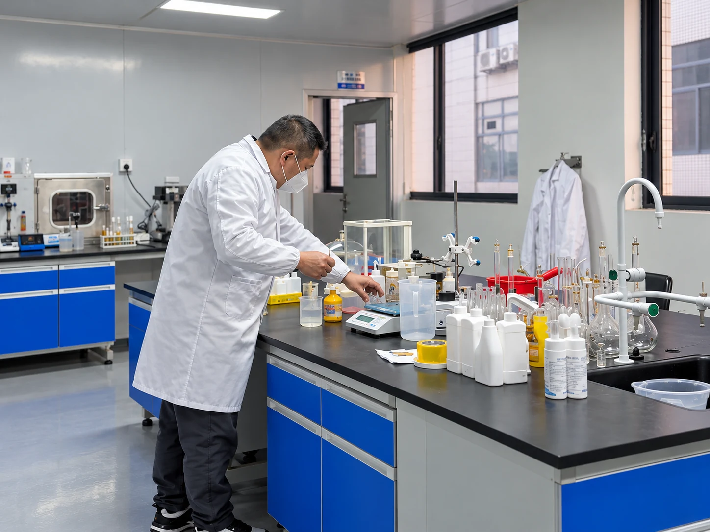 Technician preparing formulation samples at a laboratory workbench with sample bottles, glassware and a balance