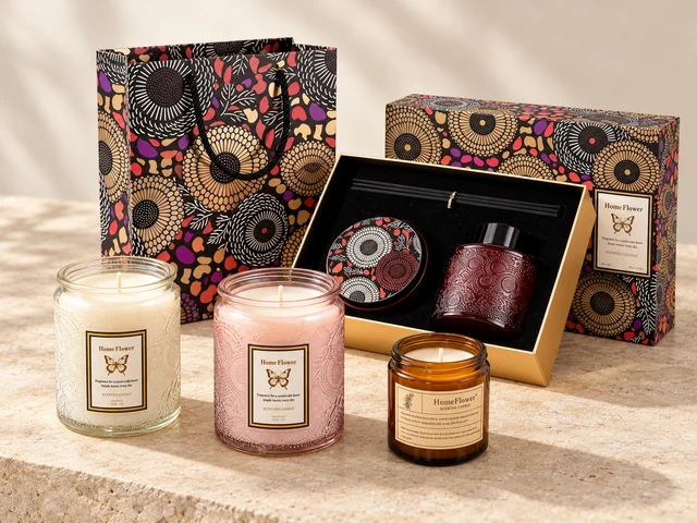 Embossed glass candles, amber candle and fragrance gift packaging