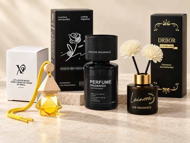 Car fragrance collection with hanging bottle, bottle diffuser, flower diffuser and cartons