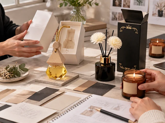 Product sample review concept with diffuser formats, packaging materials and feedback notes