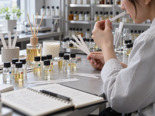 Scent evaluation concept with fragrance strips, samples and diffuser products