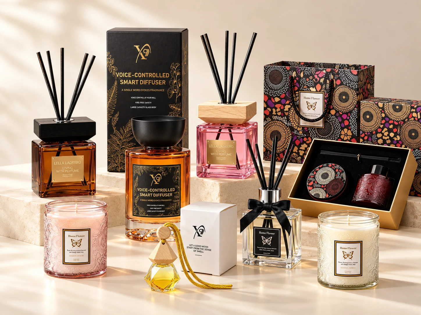 Fragrance product collection with reed diffusers, smart diffuser, car fragrance, scented candles and gift packaging