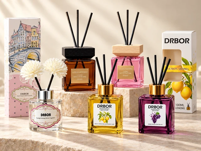 Reed and flower diffuser collection with glass bottles and retail cartons