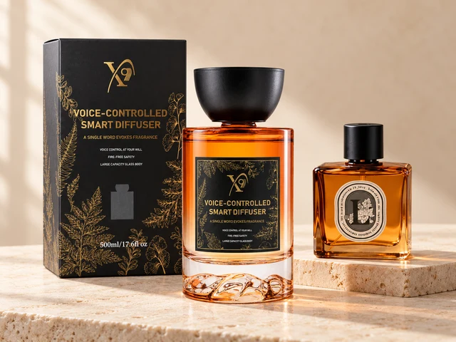 Amber glass smart diffuser models and the original X9 product carton