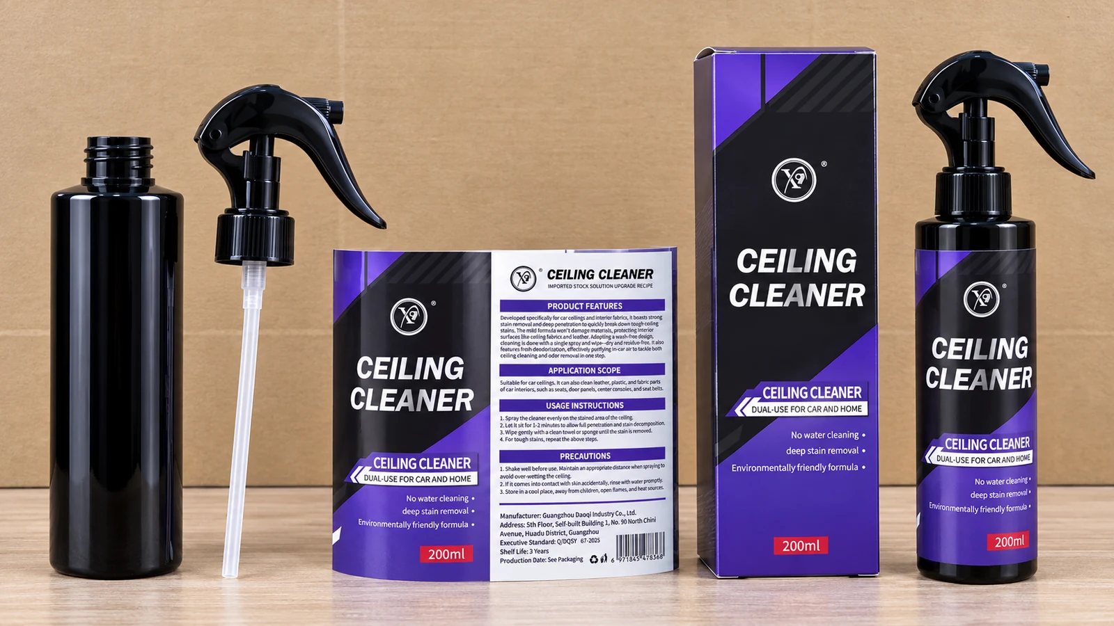 Packaging composition example showing a black bottle and trigger, purple CEILING CLEANER label and carton, and an assembled 200ml product