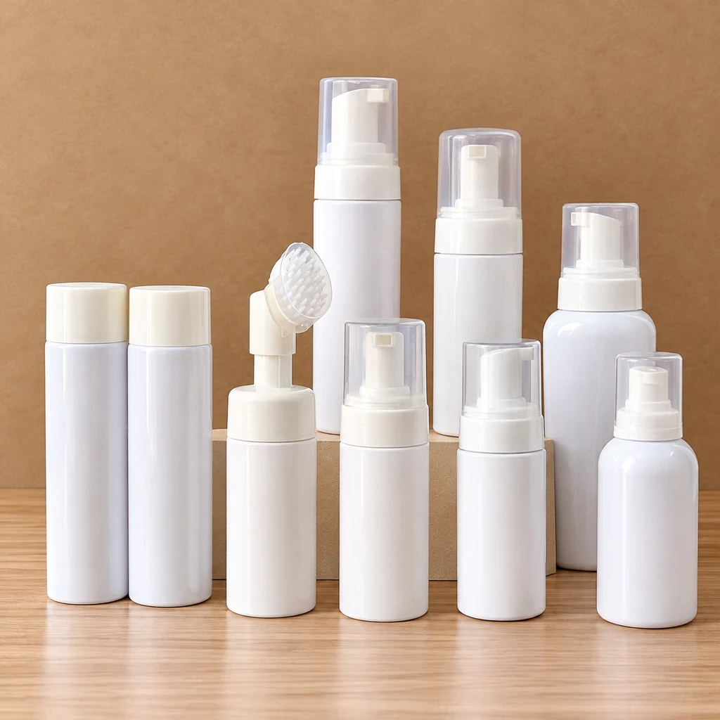 Group of white foam pump and brush-head bottle packaging samples
