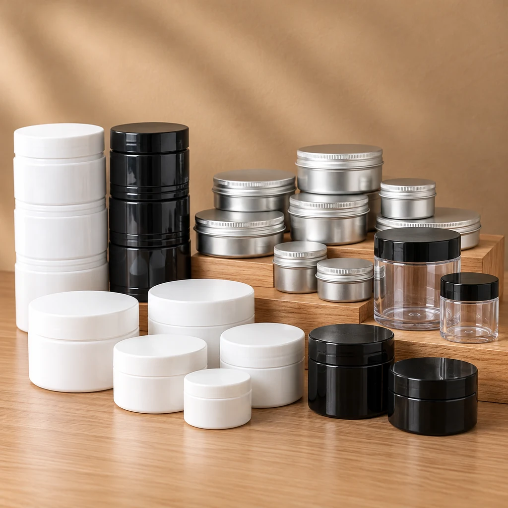Group of white black and clear jars alongside silver metal tins in different sizes
