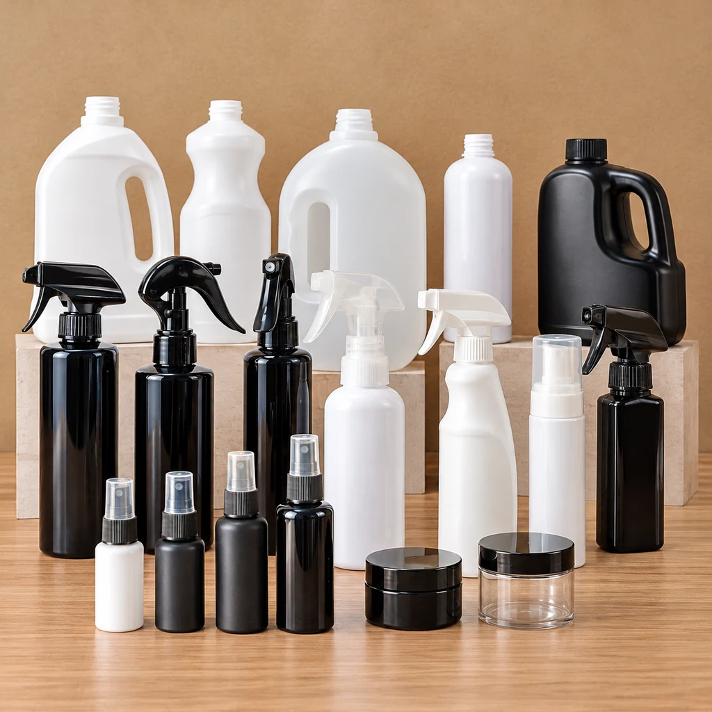 Mixed packaging range showing trigger bottles fine-mist bottles jars and larger containers