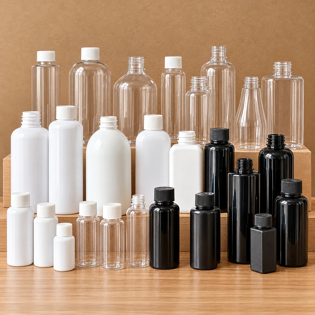 Group of clear white and black bottles showing different body shapes and screw-neck formats